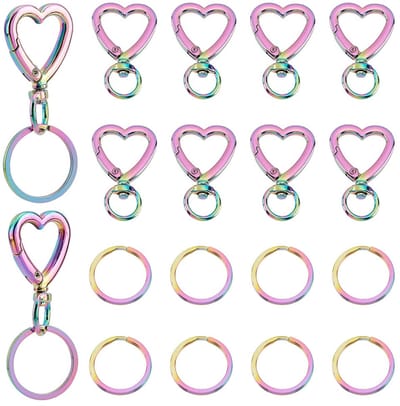 PandaHall Draaibare sluitingsset, 20 stuks regenboog metalen bevindingen, inclusief 10 stuks hartvormige legering trigger-karabijnhaken, 10 stuks 304 roestvrij staal ronde split-sleutelhangers voor
