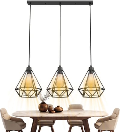 Froadp Hanglamp met 3 lampen in vintage industriële stijl, matzwart metaal met geometrische roosterkappen. In hoogte verstelbare kabel tot 150 cm, inclusief drie E27 Edison-gloeilampen in warm wit. Ideaal voor de eetkamer, keuken en woonkamer.