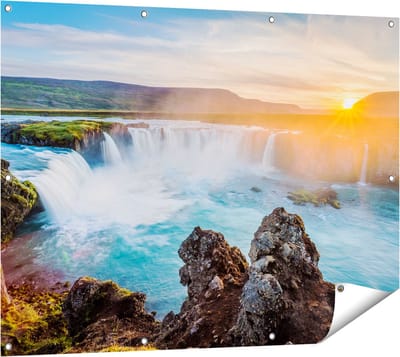 Gards Tuinposter Watervallen bij Zonsondergang - 120x90 cm - Tuindoek - Tuindecoratie - Wanddecoratie buiten - Tuinschilderij