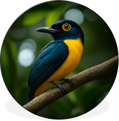 WallCircle - Wandcirkel - Muurcirkel - Vogel - Tak - Geel - Bladeren - Aluminium - Dibond - 30x30 cm - Binnen en Buiten