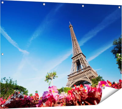 Gards Tuinposter Eiffeltoren in Parijs met Bloemen - 120x90 cm - Tuindoek - Tuindecoratie - Wanddecoratie buiten - Tuinschilderij