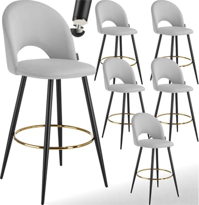 tectake® - Set van 6 Barkrukken Sachel - Gestoffeerde Barkruk met rugleuning - Barstoelen - Ergonomische Barstoel met voetensteun - Eetkamerstoel met fluweellook bekleding - Stevige stalen poten met antislip vloerbescherming - Lichtgrijs/Zwart