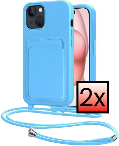 Hoes Geschikt voor iPhone 15 Plus Hoesje Pasjeshouder Cover Met Koord Case Siliconen Hoes Met Telefoonkoord en Kaarthouder - Lichtblauw - 2 PACK