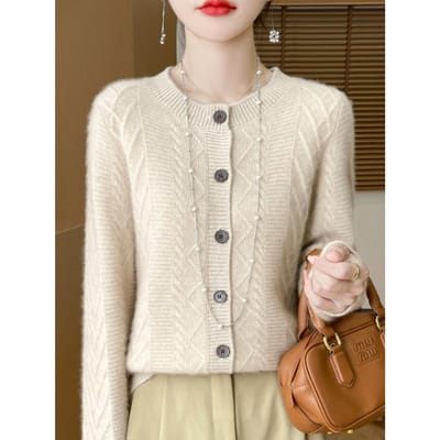 Nouveau Cardigan Pull Tricoté en Laine Pure Épaissie à Col Rond pour Femmes Chaud Doux pour la Peau Cachemire Torsadé Veste M beige