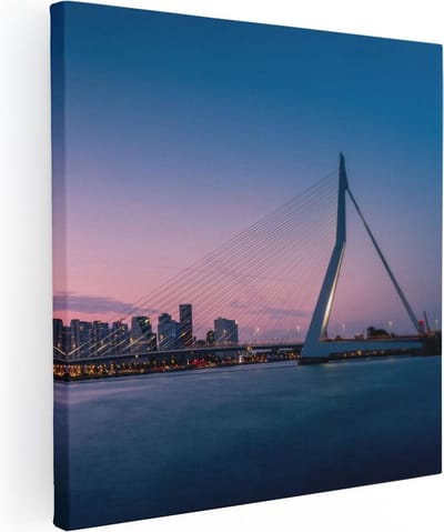 Artaza Canvas Schilderij Rotterdam Skyline - 80x80 cm - Wanddecoratie Zonsondergang - Muurdecoratie Erasmusbrug - Schilderijen Op Canvas