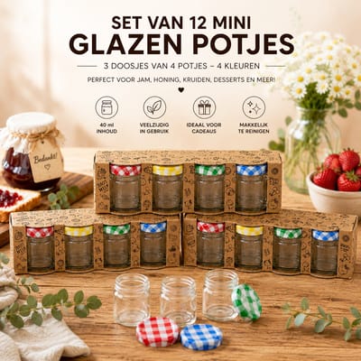 Mini Glazen Potjes Set van 12 – 40 ml – 4 x 4 x 5 cm – Kleine Jampotjes met Geruite Deksels – 3 Pakjes van 4 Stuks