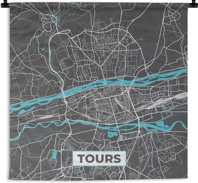Wandkleed - Wanddoek - Tours - Kaart - Stadskaart - Plattegrond - Frankrijk - 180x180 cm - Wandtapijt