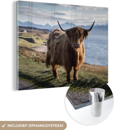 MuchoWow® Glasschilderij 160x120 cm - Schilderij acrylglas - Schotse Hooglander - Bergen - Zee - Foto op glas - Schilderijen
