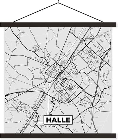 Posterhanger incl. Poster 60x60 cm - Schoolplaat - Zwart Wit – België – Plattegrond – Stadskaart – Kaart – Halle - Textielposter - Zwarte latten - Stadskaart