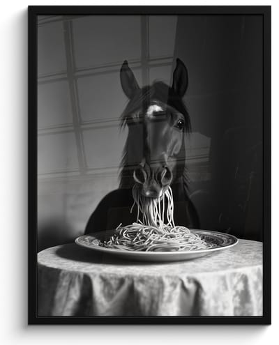 Fotolijst incl. Poster Zwart Wit- Paard - Bord - Pasta - Tafelkleed - Zwart Wit - Dieren - 50x70 cm - Posterlijst
