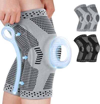 Unisex kniebrace met patellagelkussen en laterale stabilisator, verstelbaar, geschikt voor hardlopen, fitness en andere sporten. (Grijs, L)