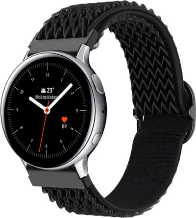 Cadorabo Nylon bandje met metalen sluiting 20mm geschikt voor Samsung Galaxy Watch 42mm / 3 / 4 / 5 in ZWART - Vervangingsmanchet geschikt voor Huawei Watch 2 geschikt voor Nokia Steel geschikt voor LG Watch Sport enz.