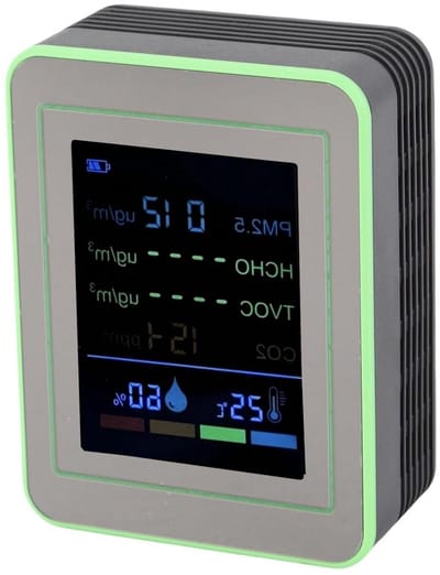Luchtkwaliteitsmeter - Luchtmonitor - Binnenlucht Meten - 6-in-1 Detectie - 90x70x35mm - Zwart Groen