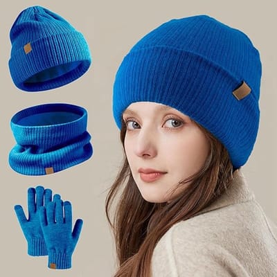 3-delige kinderwinterset met muts, sjaal en handschoenen - Warme kinderset - Warme gebreide muts, sjaal en touchscreen-handschoenen - Zachte fleecevoering met elastisch ontwerp - Geschikt voor buitenactiviteiten voor kinderen van 5-12 jaar - Blauw