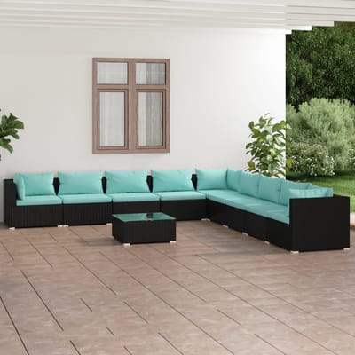 vidaXL - 10-delige - Loungeset - met - kussens - poly - rattan - zwart