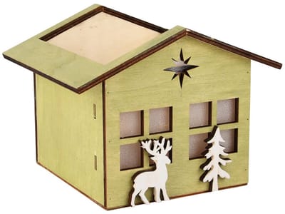 Dekoratief | Bakje huisje m/hert/boom, groen/wit, hout, 16x15x13cm | A255443