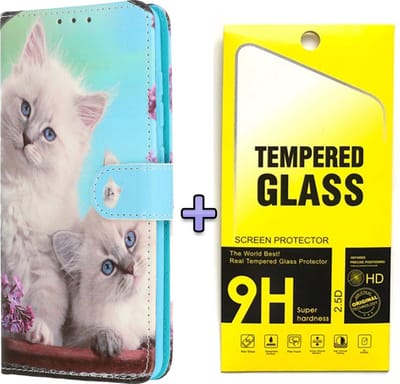 Casemania Hoesje + Glas Geschikt voor Samsung Galaxy S25 - Katten - Portemonnee Book Case