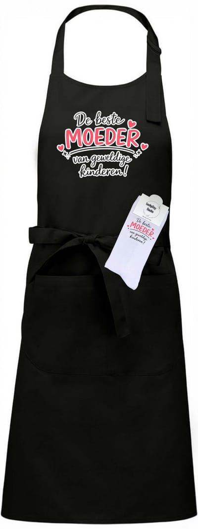 Keukenschort en sokken met tekst - Giftset - Beste moeder van geweldige kinderen - Moederdag - Vaderdag - Zwart - Verstelbaar - Cadeau idee - Verjaardag - Cadeau dames en heren - Liefste Opa en Oma cadeau - Verrassing - Grappig cadeau - Onesize