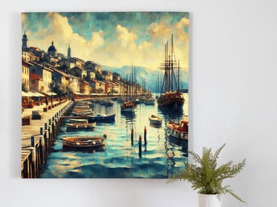 Olieverf haven schilderij | Havenlandschap verrijkt met kleurrijke penseelstreken en levendige details | Kunst - 80x80 centimeter op Forex | Foto op Forex