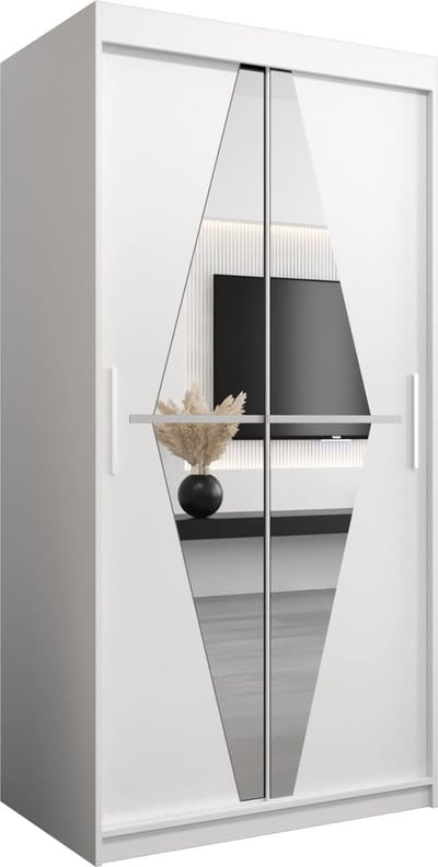 InspireMe - Kledingkast met 2 schuifdeuren, Modern-stijl, Een kledingkast met planken en een spiegel (BxHxD): 100x200x62 - BOLA 100 Wit Mat met 2 lades