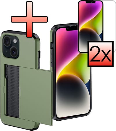 Hoes Geschikt voor iPhone 14 Hoesje Pasjeshouder Hard Cover Met 2x Screenprotector Shock Proof Hard Case Hoes Met Kaarthouder - Donkergroen