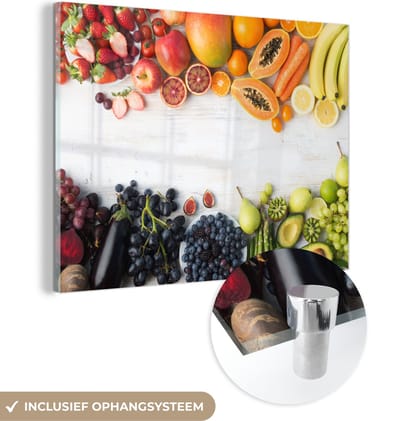 MuchoWow® Glasschilderij 120x90 cm - Schilderij acrylglas - Fruit - Regenboog - Aardbei - Druiven - Papaya - Foto op glas - Schilderijen