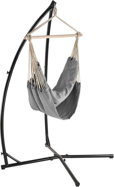 Katoenen Hangstoel - Zitstoel Buiten - Ontspannen Buiten - Inclusief Stalen Standaard - 205x110x110 cm - Grijs Zwart