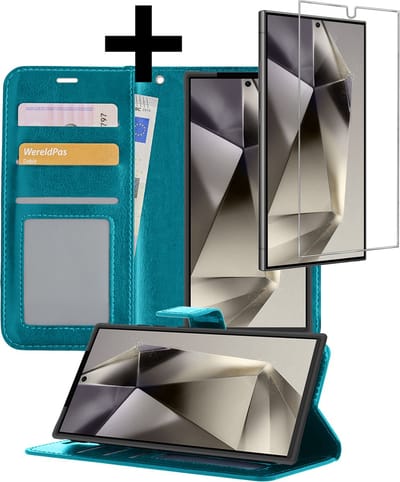 Hoesje - Met Screenprotector - Geschikt voor Samsung Galaxy S24 Ultra - Luxe Pasjeshouder - Bookcase Portemonee - Flip Case - Kunstleer Book Case - Flipcase - Book Cover - Walletcase - Portemonneehoes - Telefoonhoesjes - Turquoise