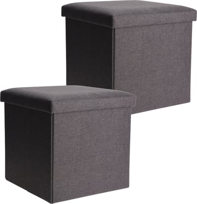 H&S Collection Poef/Hocker/voetenbankje - 2x - opbergbox - grijs - polyester - 38 x 38 cm - opvouwbaar