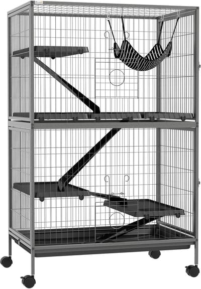Merax Grote Knaagdierkooi met Wielen – 4 Plateaus 3 Ramps 4 Deuren – Kooi Voor Ratten Fretten Chinchilla's – 80 x 52 x 128 cm – Metaal Grijs Zwart