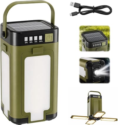 Thijox - Campinglamp op zonne-energie en USB-C, 4 beweegbare lampen, 6 lichtmodi, 2000 mAh accu, IPX4 waterdicht, opvouwbaar met haken voor kamperen,