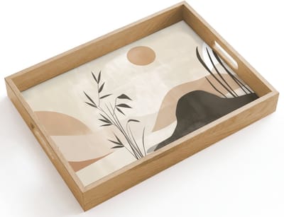 Dienblad hout 40x30 cm - Schootdienblad - Japandi - Landschap - Beige - Borrelplank rechthoek - Plateau dienbladen