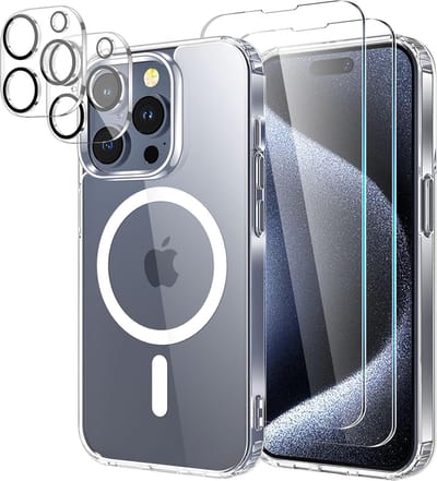 Magnetische hoes Geschikt voor: iPhone 15 Pro met 2-pack schermbeschermer en 2-pack cameralensbeschermer [compatibel met Mag Safe] Zachte TPU schokbestendige anti-krashoes doorzichtig