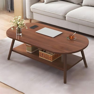 Houten Salontafel - Eettafel Midden - Woonkamer Inrichting - Met Opbergplank - Ovaal Vorm - Houtkleur