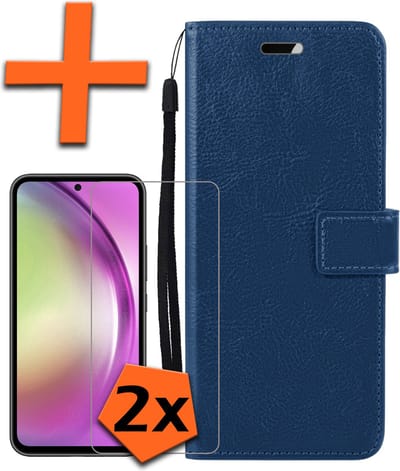 Hoes - Met 2x Screenprotector - Geschikt voor Samsung Galaxy A54 - Luxe Pasjeshouder - Bookcase Portemonee - Flip Case - Kunstleer Book Case - Flipcase Hoes - Book Cover - Walletcase - PortemonneeHoes - Donkerblauw