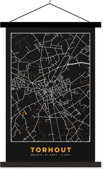 Posterhanger incl. Poster 40x60 cm - Schoolplaat - Stadskaart - Plattegrond - Goud - Torhout - Kaart - Textielposter - Zwarte latten - Stadskaart