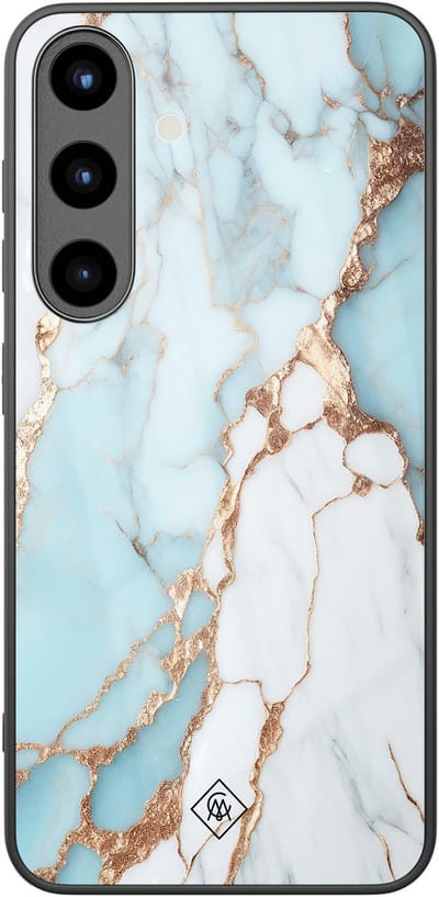 Casimoda® hoesje - Geschikt voor Samsung Galaxy S25 - Marmer Lichtblauw - Luxe Hard Case Zwart - Backcover telefoonhoesje - Blauw