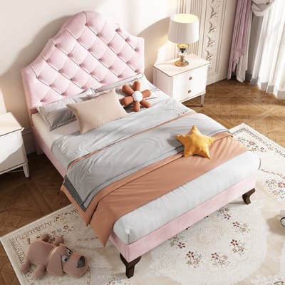 STILVORA Gestoffeerd bed 90x200 cm – Eenpersoonsbed met verstelbaar hoofdeinde & lattenbodem – Comfortabel leunen en lezen – Fluweel – Roze – Zonder matras
