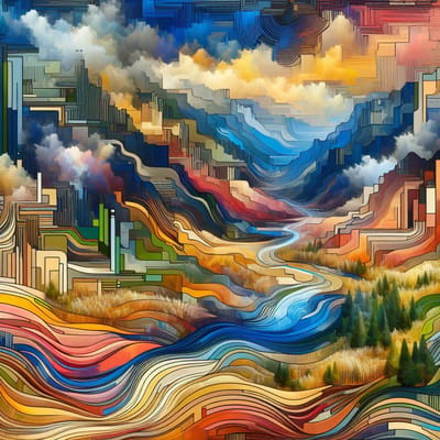 Abstract landschap schilderij | Verstilde golven van kleur dansen over abstract landschap schilderij | Kunst - 100x100 centimeter op Canvas | Foto op Canvas