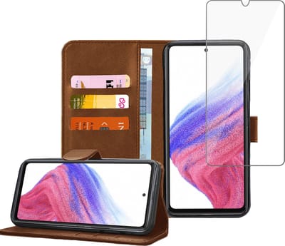 Geschikt voor Samsung A53 5G Book Case Hoesje - Screenprotector - Flip Portemonnee Bruinmet Screen Cover Tempered Glas
