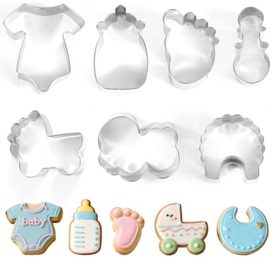 Dailygoods- Koekjesvormpjes Set van 7 - Rompertje/Slabbetje/Rammelaar/Flesje/Wagentje/Voetje/Letters - Roestvrij Staal - 2,46 cm Diep - Voor Baby Shower/Bakfeest - Koekjesuitsteekvormpjes
