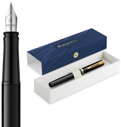 Waterman Impression Vulpen | Medium Vulpenpunt met Blauwe Inktvulling | Zwarte Lak met Goudkleurige Afwerking | Geschenkdoos