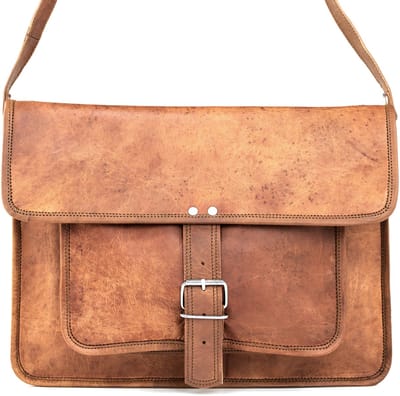 Laptoptas OnceDoce® Urban Chique Schoudertas Echt Leer Cognac Bruin - Handgemaakte Messengertas ‘Lima’ 15 inch – A4 Formaat - 37x28x10 cm – Unisex