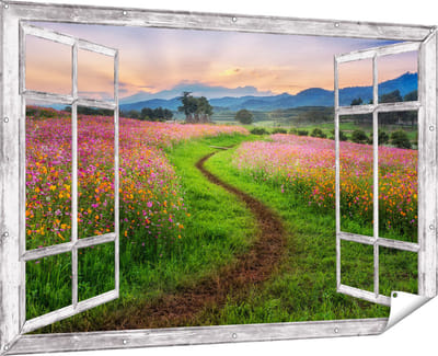 Gards Tuinposter Doorkijk Kosmos Bloemenveld met een Pad - Bloemen - 180x120 cm - Tuindoek - Tuindecoratie - Wanddecoratie buiten - Tuinschilderij