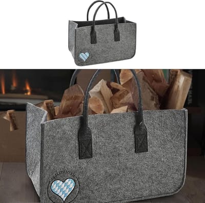 Brandhouttas Vilt - Opslagmand Haardhout - Haardhout Opslag - Hoogwaardig Borduurwerk - 48x28x25cm - Lichtgrijs