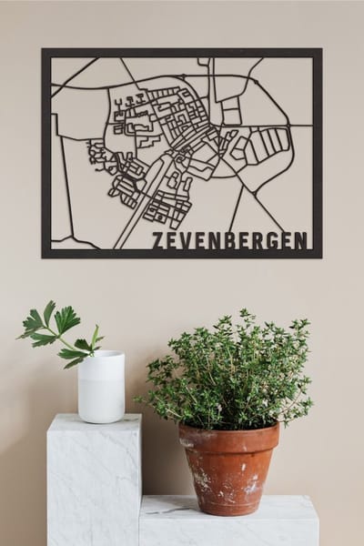 Houten Stadskaart Zevenbergen Zwart Mdf 50x70cm Wanddecoratie Voor Aan De Muur City Shapes