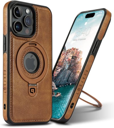 Perfeqt hoesje geschikt voor iPhone 15 Pro Max leren BackCover met Kickstand & Keyring houder - Brown