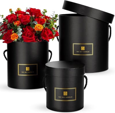 Set van 3 Ronde Cadeau Dozen met Deksel en Handvatten, Zwarte Bloemen Dozen voor Decoraties, Huwelijken, Feestjes en Opslag