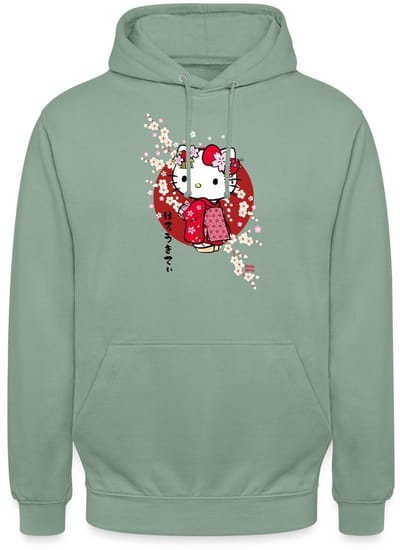 Hello Kitty In Een Rode Kimono En Kersenbloesems Hoodie Unisex