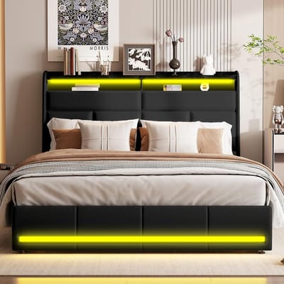 Gestoffeerd Bed - Dubbel Bed - Opbergen Slaapkamer - Met LED Verlichting - 140x200cm - Zwart
